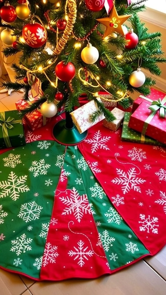 A DIY Christmas tree skirt in red and green under a decorated tree with presents.